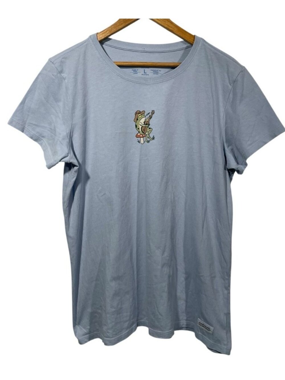 Life Is Good Womens Crusher Tee Light Blue Sz L Frog Playing Guitar on Mushroom